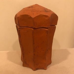 Custom lidded pottery jar by Neil Hora. Burnt Orange w black accents.